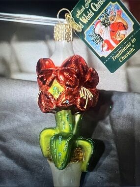 Old world Christmas Glass Amaryllis Ornament - Red and Green